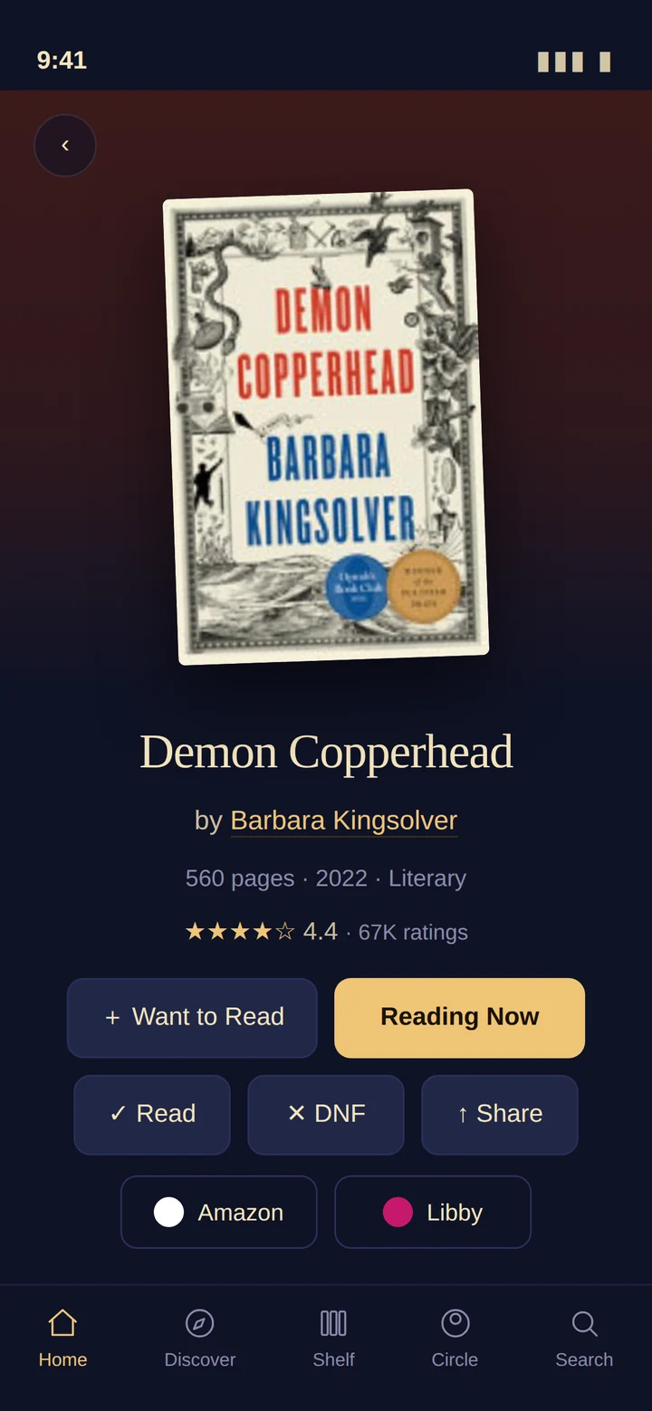 A book detail screen in Booked showing cover art, description and shelving actions.