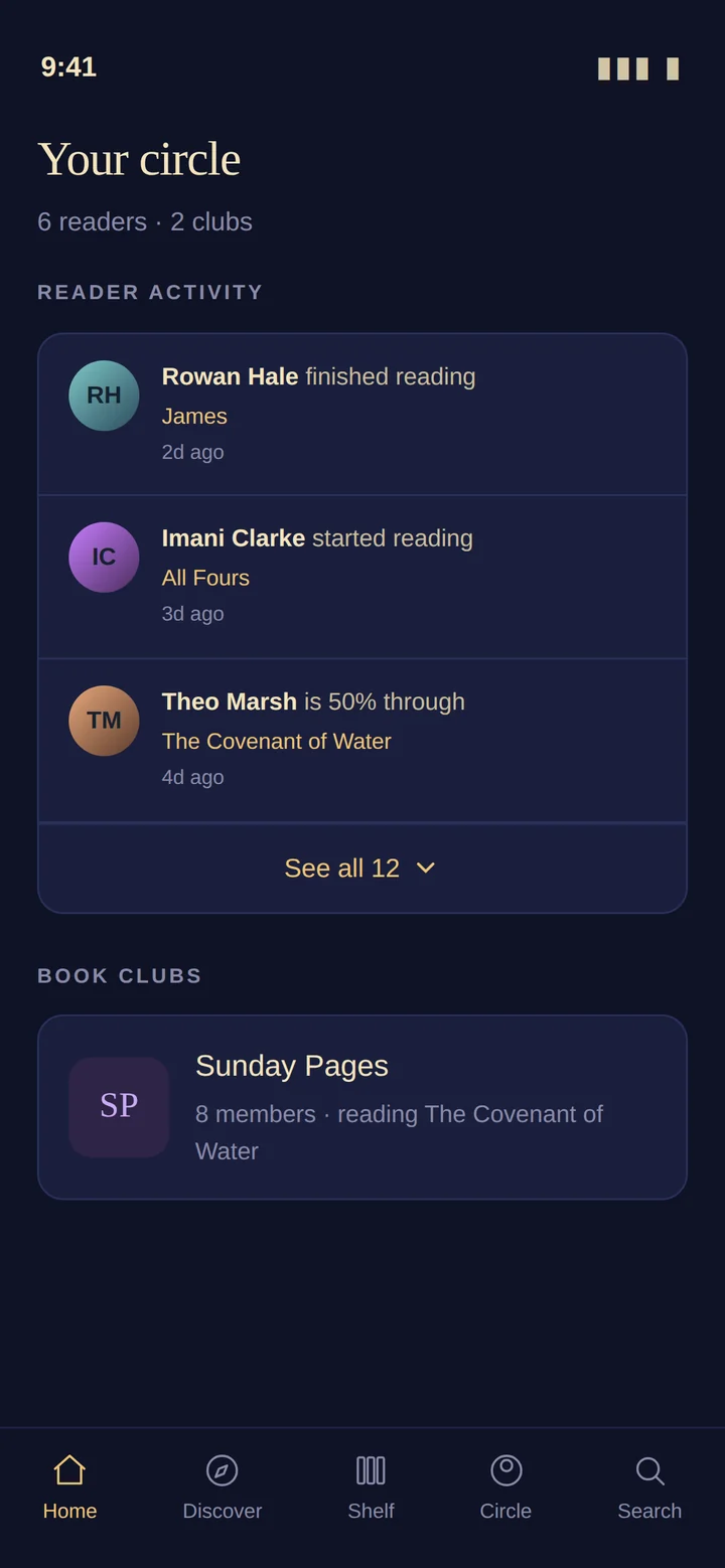 Booked's circle screen, showing recent reading activity from friends and a book club.