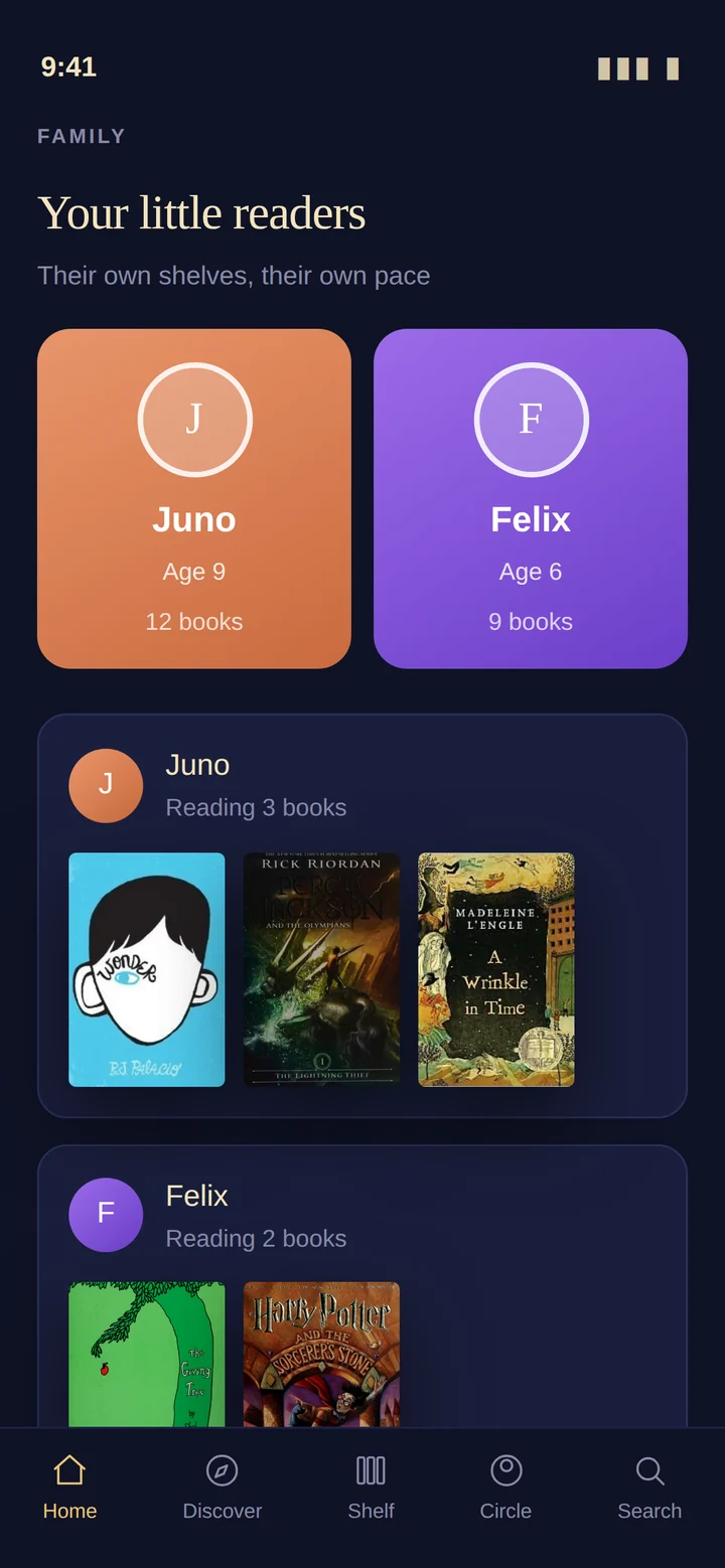 A little reader's shelf in Booked, with their own books and reading streak.