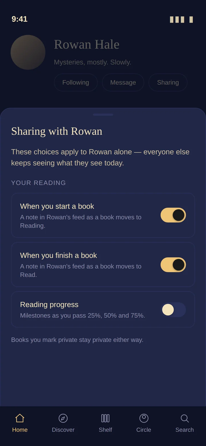 Per-person sharing controls in Booked, with separate switches for starting a book, finishing a book and reading progress.