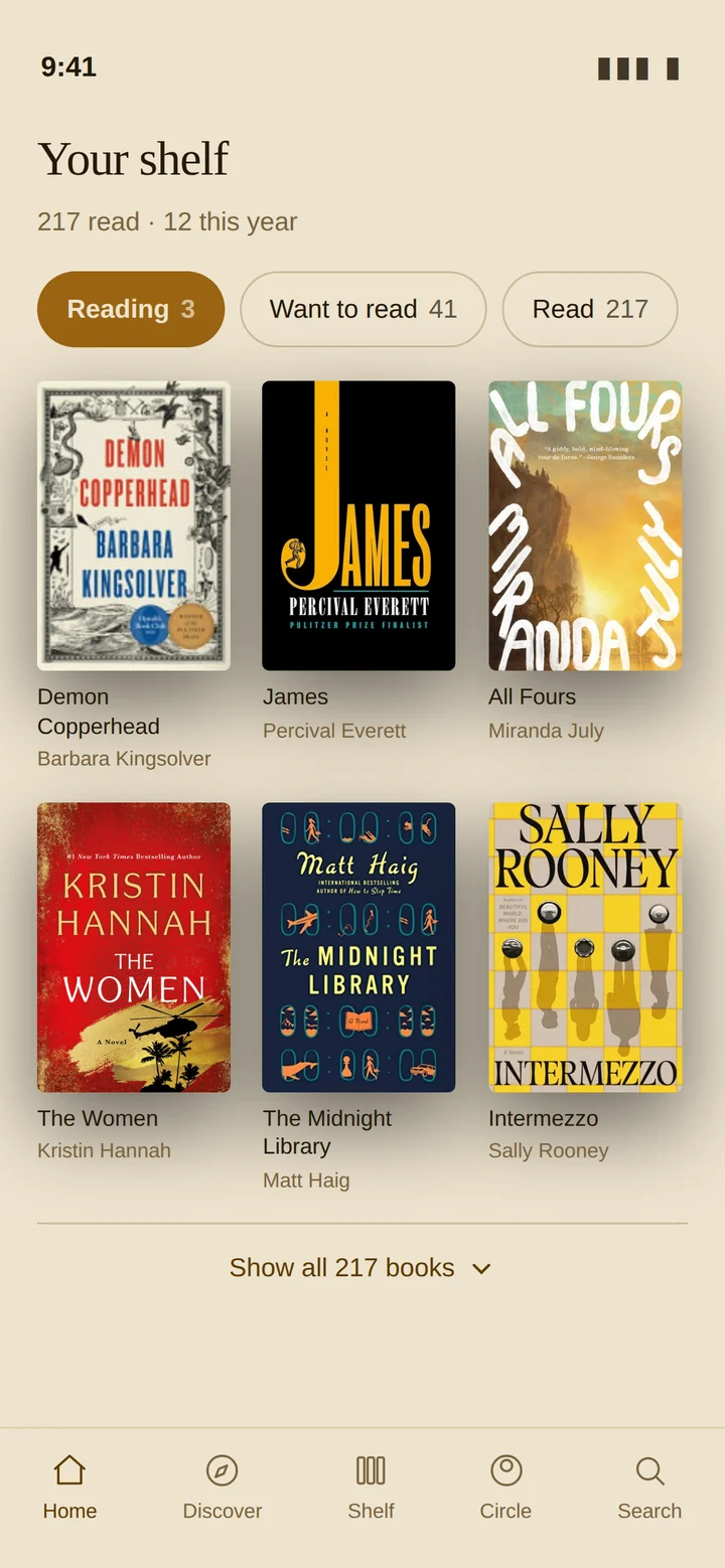 The same shelf screen in Booked's warm parchment day theme.
