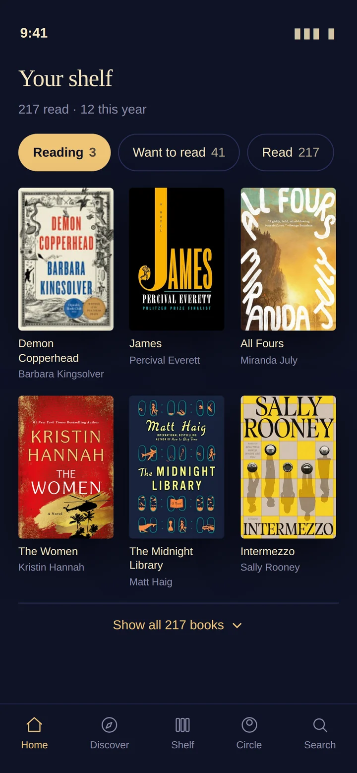 Booked's shelf screen, showing books currently being read with cover art.
